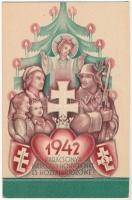 1942 Karácsonya Harcoló honvédeinké és hozzátartozóiké; levente szimbólumokkal, hajtható lap / WWII Hungarian military Christmas greeting with paramilitary youth organisations symbols (non PC) (fa)