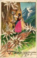 1904 Highlander folklore art postcard with lady. Art Nouveau, floral, Emb. litho with real silk (EK)