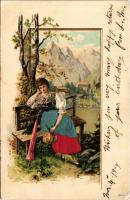 1904 Highlander folklore art postcard with lady. Art Nouveau, Emb. litho with real silk (lyuk / pinhole)