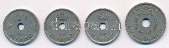 Norvégia 1925. 1K Cu-Ni + 1926. 50ö Cu-Ni + 1927. 50ö Cu-Ni + 1929. 50ö Cu-Ni (ritkább évjárat) T:2-...