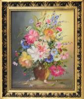 Orsovai Valéria (1943 -): Virágok. Olaj, fa, jelzett. Dekoratív fakeretben, 30×25 cm