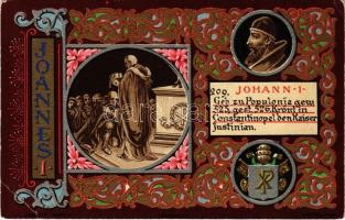 Joannes I / Johann I / I. János pápa, I. Iusztinosz bizánci császárt megkoronázta / Pope John I crowning Justin I. Art Nouveau litho (EK)