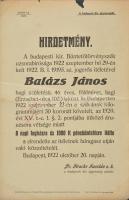 1922 A budapesti kir. Büntetőtörvényszék uzsorabíróságának hirdetménye, szakadással, 48×31 cm