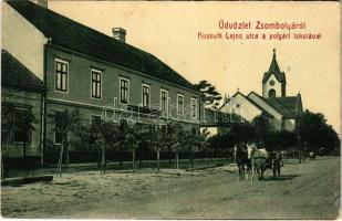 1909 Zsombolya, Jimbolia; Kossuth Lajos utca, polgári iskola. W.L. Bp. 1993. / street, school
