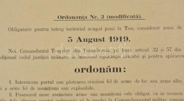 1919 Mardarescu tábornok által kiadott, a Tiszáig megszállott területekre vonatkozó rendelet, szakad...