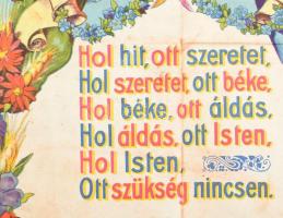 cca 1920 Házi Áldás nemzet imádsággal, Földes Imre (1881-1948) irredenta grafikája, hajtott, szakadá...