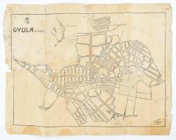 1915 Gyula r. t. város térképe, foltos, szakadásokkal, 36,5×46,5 cm