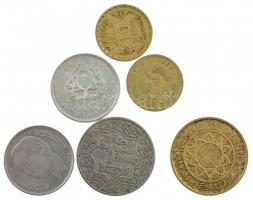 6 db-os marokkói érmetétel, közte 1921. 1Fr Ni + 1952. 10Fr Al-Br + 50Fr Al-Br + 1960. 1D Ag + 1965....