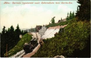 Tátra, Magas-Tátra, Vysoké Tatry; Csorba-tó fogaskerekű vasútállomás, vonat. Cattarino S. kiadása 1905. 206. / Csorba-See, Station / Strbské pleso funicular railway station, train