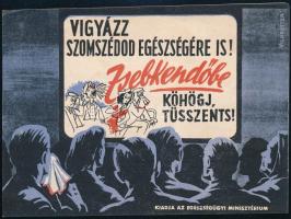 cca 1950-1960 Zsebkendőbe köhögj, tüsszents!, felvilágosító prospektus, kiadja az Egészségügyi Minisztérium, Vilnrotter Miklós grafikájával, 14x10 cm