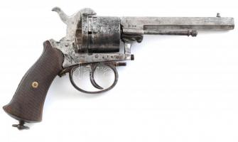 Régi forgó pisztoly, revolver, 19. század vége, jelzett: Manufacture darmes RONGE Jean-Baptiste, 9-es kaliber, kopott, 25cm (hatástalanított)
