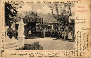 1900 Esztergom, Szentháromság szobor felszentelése a Széchenyi téren. Kardos Dezső kiadása (EK)
