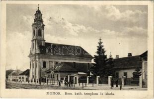 1935 Monor, Római katolikus templom és iskola. Burján Béla kiadása (ragasztónyom / glue marks)