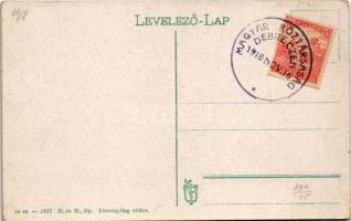 1918 Debrecen, Ferenc József út, villamos, üzletek, patika, gyógyszertár + "Magyar Köztársaság ...