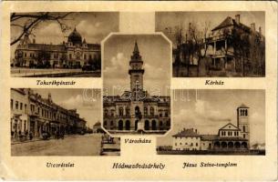 1948 Hódmezővásárhely, Takarékpénztár, Városháza, utca részlet, Kórház, Jézus Szíve templom (Rb)