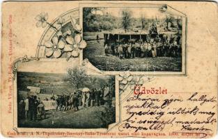 1900 Nagytapolcsány-Bossány-Bán-Trencsén, Topolcany-Bosany-Bánovce nad Bebravou-Trencín; A vasút első kapavágása emlékére. Fuchs Vilmos kiadása / In memory of the first hoe cutting of the railway line. Art Nouveau, floral (vágott / cut)