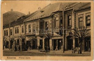 1913 Kisszeben, Sabinov; Fő utca, Rosenthal Mór és Serger József üzlete / main street, shops (szakadás / tear)