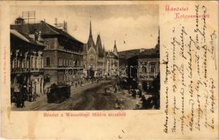 1901 Kolozsvár, Cluj; Wesselényi Miklós utca, városi vasút, vonat, kisvasút, Szegedi Zoltán üzlete. Vajda & Weiss kiadása / street, urban railway, train, shops (fl)