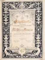 1903 Bp., Magyar Szőlősgazdák Egyesülete által Ghiczy Ferenc számára kiállított díszoklevél, restaurált, szakadással