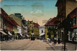 1918 Nagyszeben, Hermannstadt, Sibiu; Disznódi utca, villamos, Ferencz L. férfi szabó üzlete / Heltauergasse / street, tram, shops (fl)