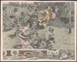 cca 1900-1910 10 db dekoratív szecessziós nyomat, allegóriákkal. Körbevágva, egyik kissé sérült. Lap...