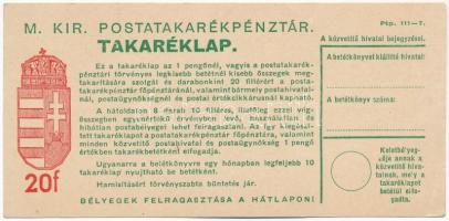 1926-1945. M. Kir. Postatakarékpénztár takaréklapja, kitöltetlen, bélyegek nélkül T:I-