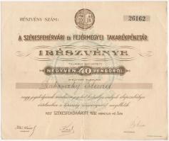 Székesfehérvár 1932. A Székesfehérvári és Fejérmegyei Takarékpénztár névre szóló részvénye 40P-ről (2x) szárazpecséttel T:III szakadások