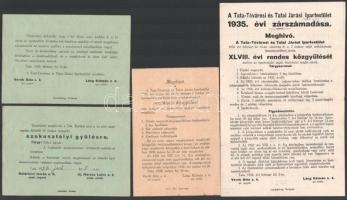 1936 Tata Tóvárosi és Tatai Járási Ipartestület nyomtatványa, 4 db, közte meghívó szakosztályi gyűlésre, zárszámadás