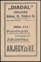 1934 Diadal Áruház, kerékpár, varrógép és alkatrész árjegyzéke,