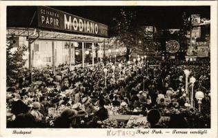 1938 Budapest XIV. Angol Park, Terasz vendéglő, Modiano szivarka papír és hüvely reklám