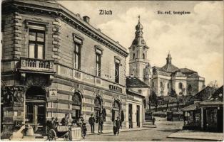 1913 Zilah, Zalau; Református templom, utca, Székely Miklós, Stern R. és Materny János üzlete, Duna biztosító főügynöksége / church, shops, street, insurance company + "ZILAH P.U."