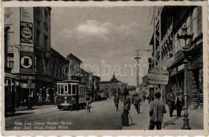 1941 Újvidék, Novi Sad; Ulica Kralja Petra / street, tram, shops / utca, villamos, Kertes és Paszthi üzlete