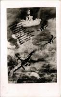 1943 A gépmadár suhan... Honvéd második világháborús művészlap katonai repülőgépekkel / WWII Hungarian military aircraft art postcard