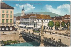 1913 Graz (Steiermark), Eisernes Haus, Franz-Karl-Brücke, Echte Tiroler-Loden, Kaffee-Gross Rösterei Ignaz Schatz / bridge, tram, shops, café (EK)