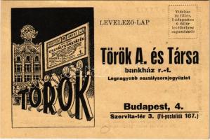 Török A. és Társa Bankház rt. legnagyobb osztálysorsjegyüzlet reklám. Budapest, Szervita tér 3.