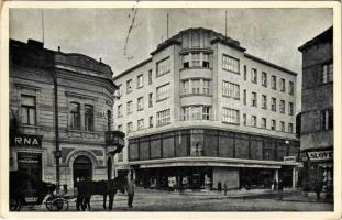 1938 Ungvár, Uzshorod, Uzhhorod, Uzhorod; Zivnodum / tér, gyógyszertár, üzletek / square, pharmacy, shops + 1938 Ungvár visszatért So. Stpl. (EK)