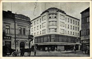 1938 Ungvár, Uzshorod, Uzhhorod, Uzhorod; Zivnodum / tér, gyógyszertár, üzletek / square, pharmacy, shops + "1938 Ungvár visszatért" So. Stpl. (EK)