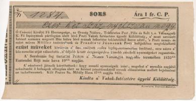 Pest (Budapest) 1834. Sorsjegy a Pesti Vakok Intézetének javára, kézi sorszámozással T:I-