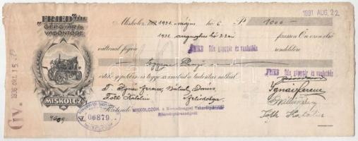 Miskolc 1931. Fried-féle Gépgyár és Vasöntöde Miskolcz kitöltött váltója 1000P-ről, bélyegzésekkel, illetékbélyegekkel T:III