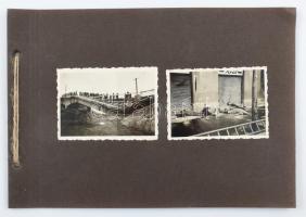 1941 Harctéri rombolások Újvidéken és környékén, a péterváradi híd romjai, civil halottak az újvidéki utcán és magyar katonai egységek fotói ugyanazon albumból, 24 db kartonra ragasztott fotó, jó állapotban, 6,5×9 cm