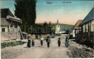 1914 Zágon, Zagon; utca részlet, székelykapu, templom. Szőts Albert felvételei nyomán Divald műintézet kiadása / street view, Székely gate, church (EK)