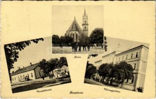 Beszterce, Bistritz, Bistrita; Fő tér, vasútállomás, vármegyeház, autóbusz / main square, railway station, county hall, bus