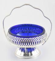 Angol cukortartó, fém, kék üvegbetéttel, kanáltartó résszel, jelzett, m: 15 cm