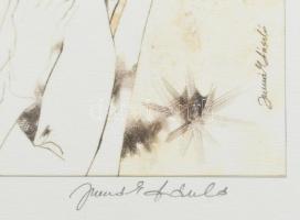 Jurcsák László: Három királyok. Offsetnyomat, papír. Jelzett. Üvegezett keretben. 18,5x32 cm