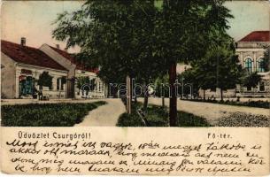 1907 Csurgó, Fő tér, Vendéglő, Grünfeld Ferenc üzlete és saját kiadása (EK)