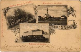 1901 Letenye (Zala), Kossuth utca, Andrássy gróf kastélya, templom és iskola. Vajda Manó kiadása, Art Nouveau, floral (EM)