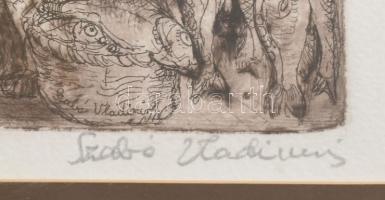 Szabó Vladimir (1905-1991): Komédiások. Rézkarc, papír, jelzett. Dekoratív, üvegezett fa keretben. H...