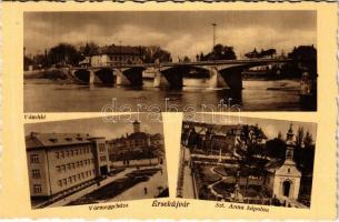 1942 Érsekújvár, Nové Zámky; Vámhíd, Vármegyeháza, Szent Anna kápolna. Jaksics Ferenc kiadása / customs bridge, county hall, chapel (ragasztónyom / glue marks)