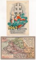 2 db RÉGI katonai képeslap: Pesti Hírlap marnei csata vonala térkép, 1942 Karácsony Légrády S. rajzával