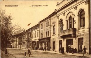 1913 Rimaszombat, Rimavská Sobota; Erzsébet tér, szálloda, étterem és kávéház, Lévai Izsó üzlete és saját kiadása / square, hotel, restaurant and café, publishers shop (ragasztónyom / glue marks)